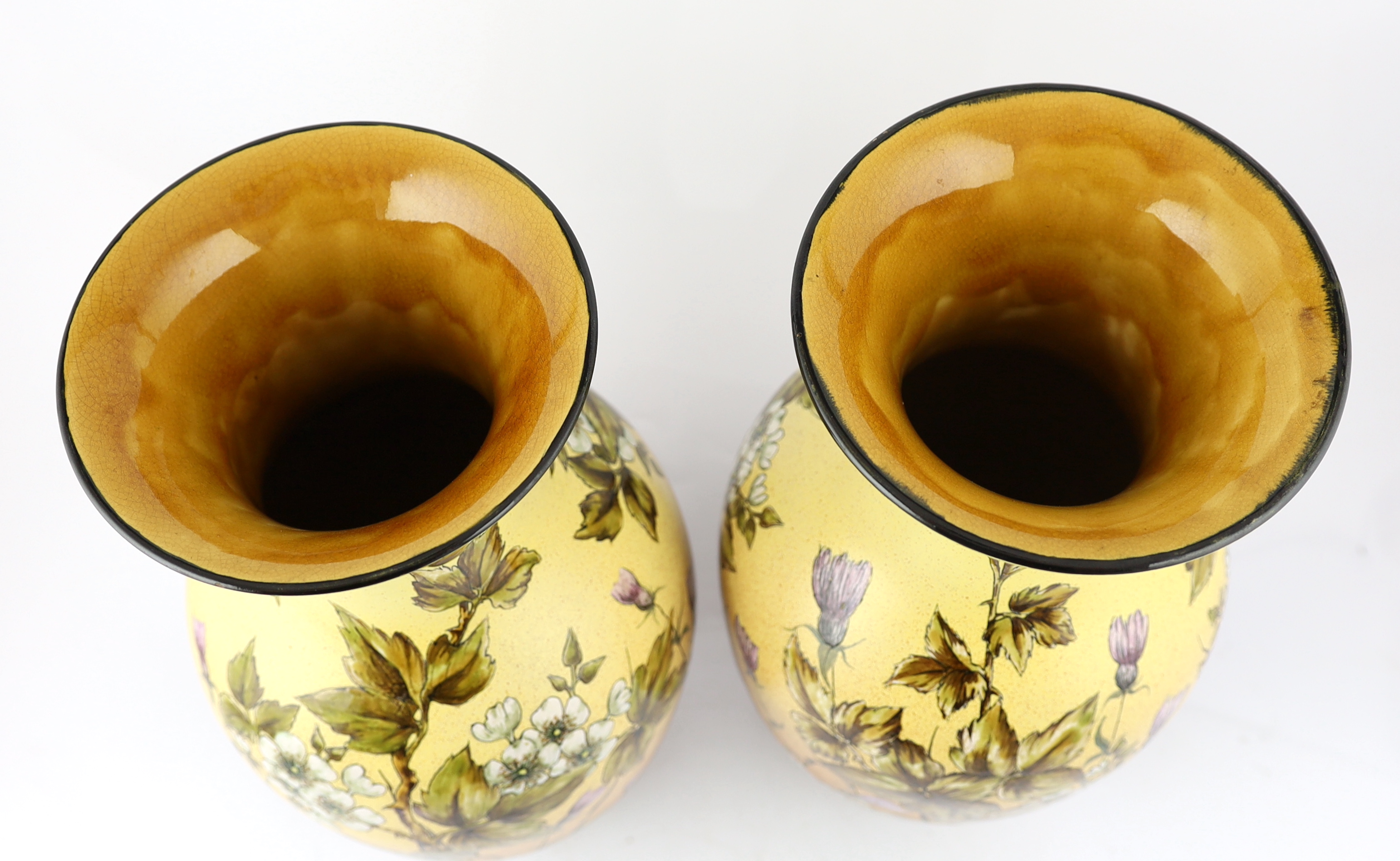 A pair of large Linthorpe painted earthernware vases, c.1880, designed by Christopher Dresser (1834-1904)